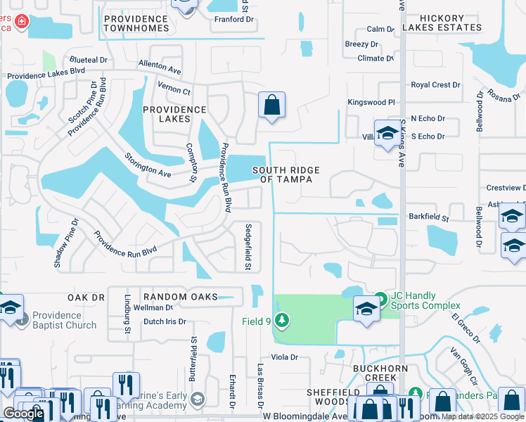 map of restaurants, bars, coffee shops, grocery stores, and more near 1428 Lakehurst Way in Brandon