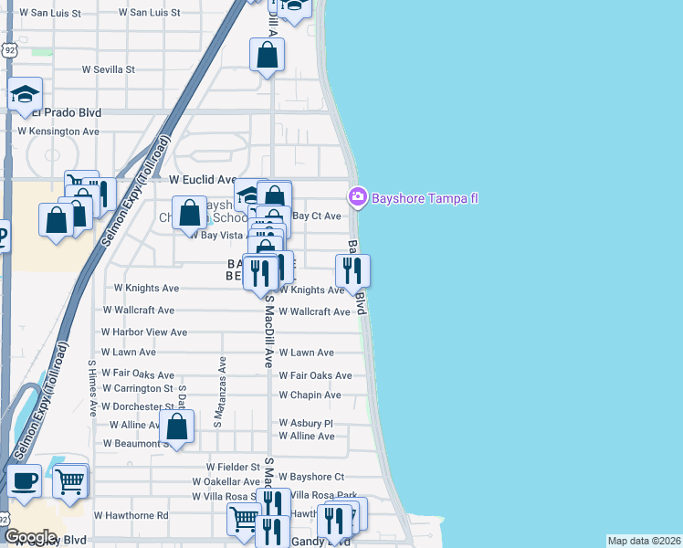 map of restaurants, bars, coffee shops, grocery stores, and more near 4141 Bayshore Boulevard in Tampa