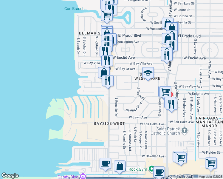map of restaurants, bars, coffee shops, grocery stores, and more near 4025 South West Shore Boulevard in Tampa