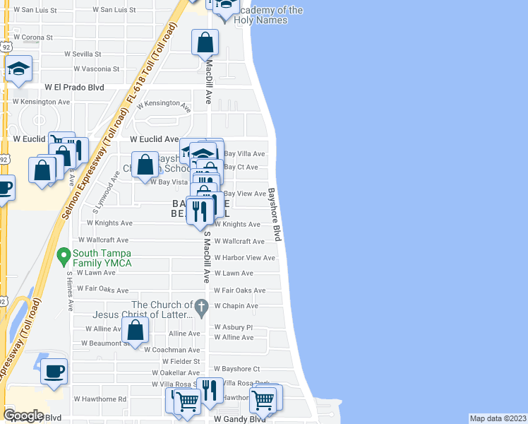 map of restaurants, bars, coffee shops, grocery stores, and more near 2913 West Knights Avenue in Tampa