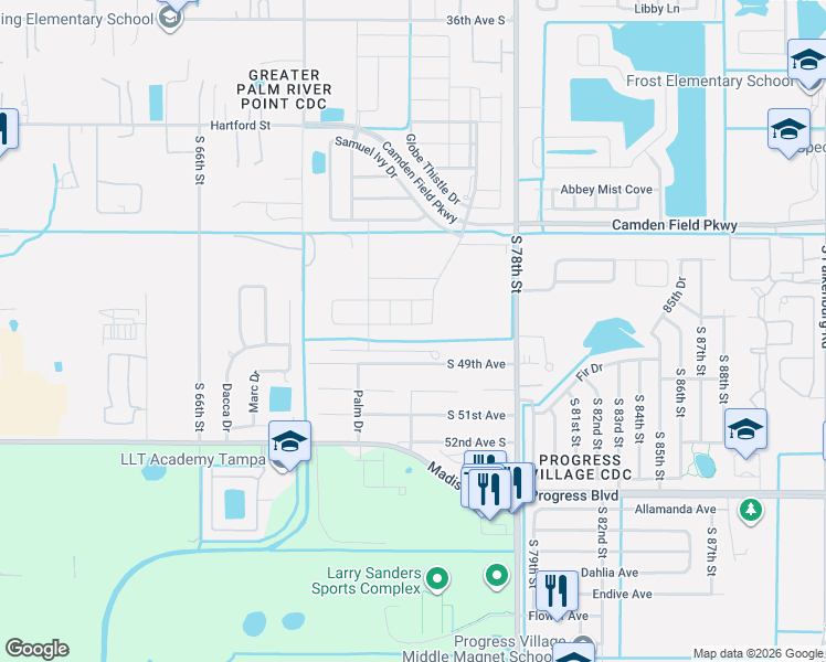 map of restaurants, bars, coffee shops, grocery stores, and more near 4821 S 78th St in Tampa