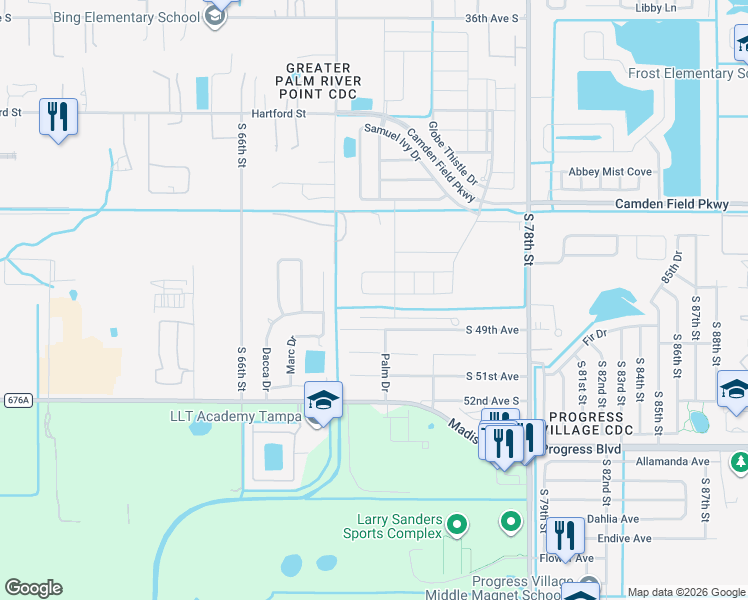 map of restaurants, bars, coffee shops, grocery stores, and more near 7028 South 49th Avenue in Tampa