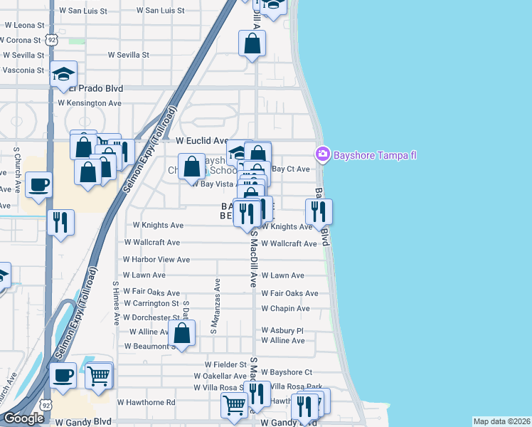 map of restaurants, bars, coffee shops, grocery stores, and more near 2929 West Knights Avenue in Tampa
