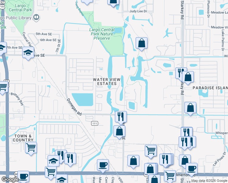 map of restaurants, bars, coffee shops, grocery stores, and more near 1420 Water View Drive West in Largo