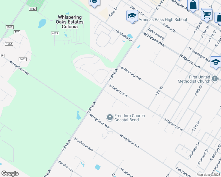 map of restaurants, bars, coffee shops, grocery stores, and more near 1830 Ebert Avenue in Aransas Pass