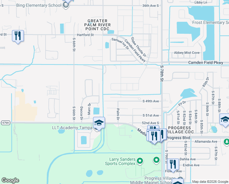 map of restaurants, bars, coffee shops, grocery stores, and more near 7028 South 49th Avenue in Tampa