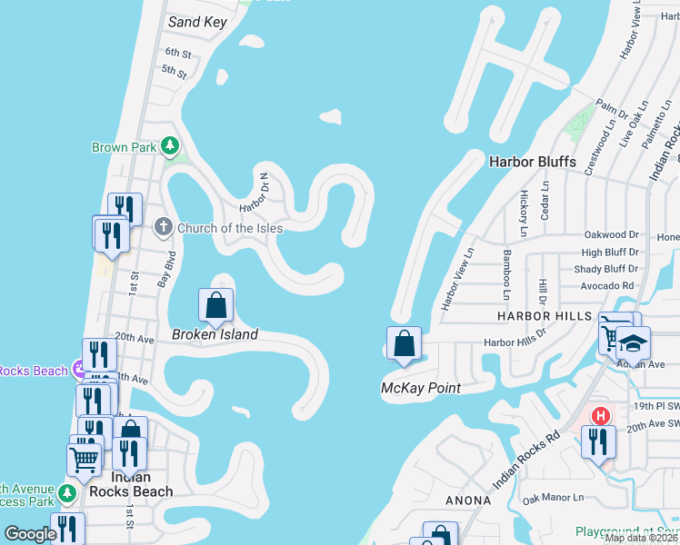 map of restaurants, bars, coffee shops, grocery stores, and more near 493 Harbor Drive South in Indian Rocks Beach