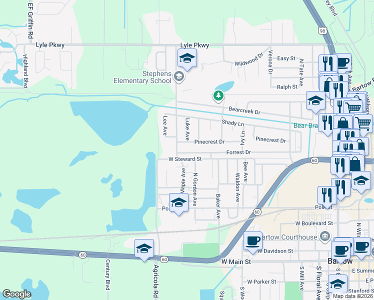 map of restaurants, bars, coffee shops, grocery stores, and more near 1065 Forrest Drive in Bartow