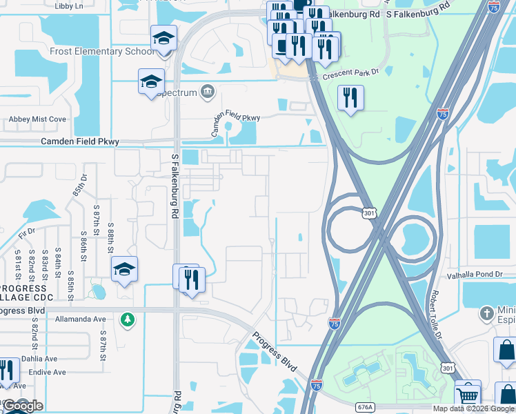 map of restaurants, bars, coffee shops, grocery stores, and more near 4736 Somerset Hill Lane in Riverview
