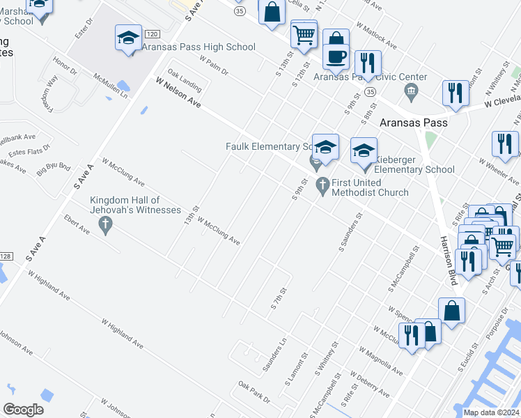 map of restaurants, bars, coffee shops, grocery stores, and more near 728 South 10th Street in Aransas Pass