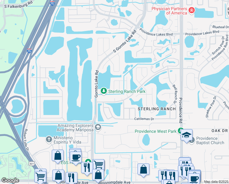 map of restaurants, bars, coffee shops, grocery stores, and more near 2453 Sagemont Drive in Brandon