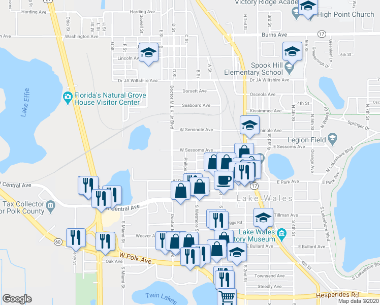 map of restaurants, bars, coffee shops, grocery stores, and more near 111 West Sessoms Avenue in Lake Wales