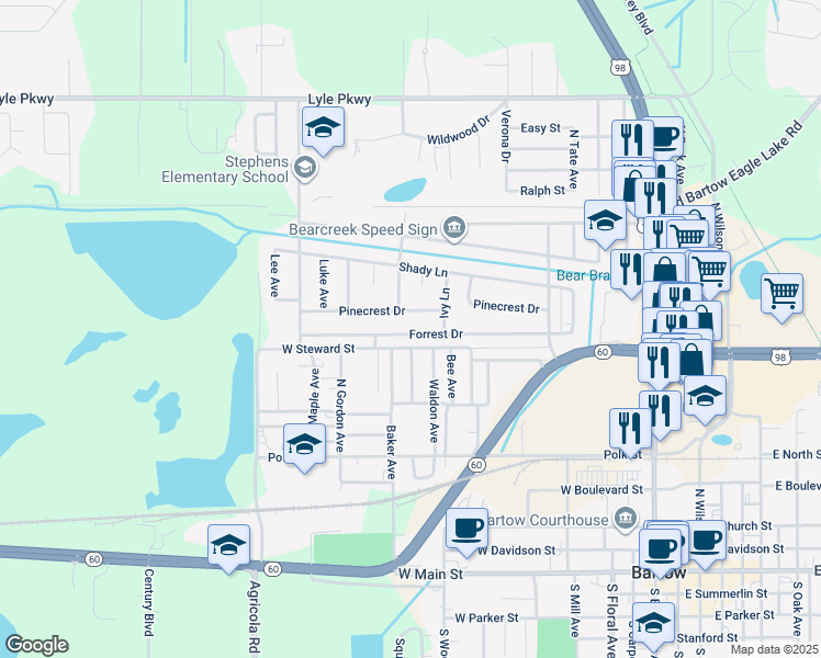 map of restaurants, bars, coffee shops, grocery stores, and more near 870 Forrest Drive in Bartow
