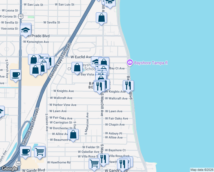 map of restaurants, bars, coffee shops, grocery stores, and more near 2929 West Knights Avenue in Tampa