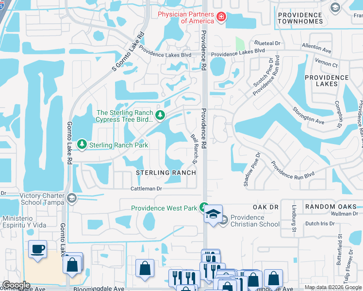 map of restaurants, bars, coffee shops, grocery stores, and more near 1902 Saddle Lake Place in Brandon