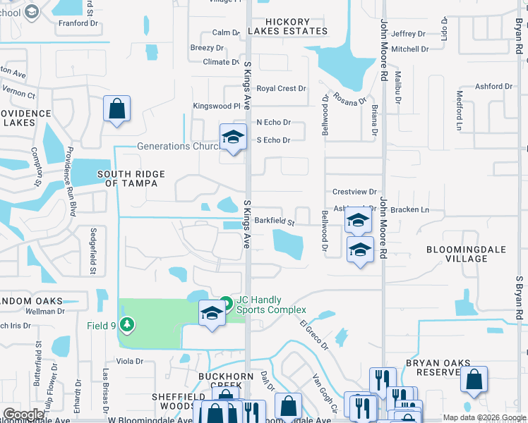 map of restaurants, bars, coffee shops, grocery stores, and more near 619 Sanfield Street in Brandon