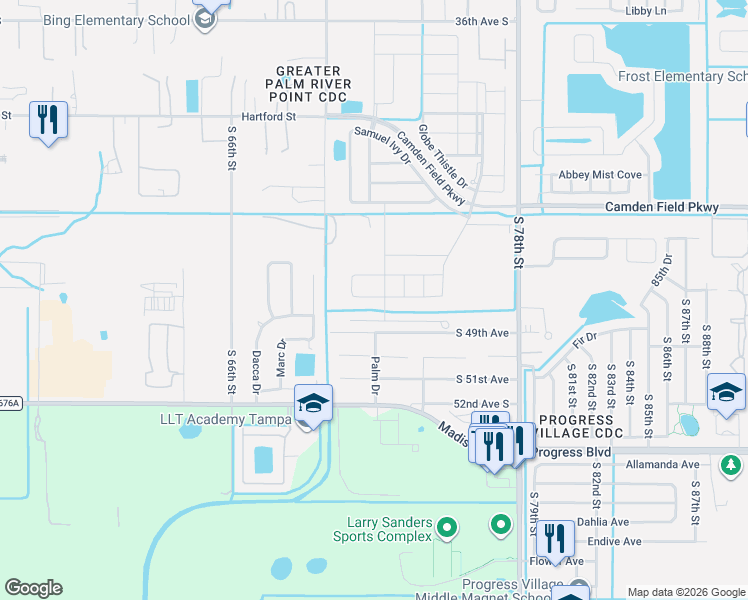 map of restaurants, bars, coffee shops, grocery stores, and more near 7028 South 49th Avenue in Tampa