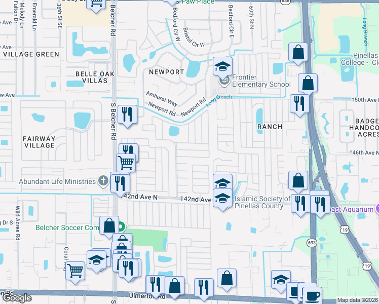 map of restaurants, bars, coffee shops, grocery stores, and more near 7501 142nd Avenue in Largo