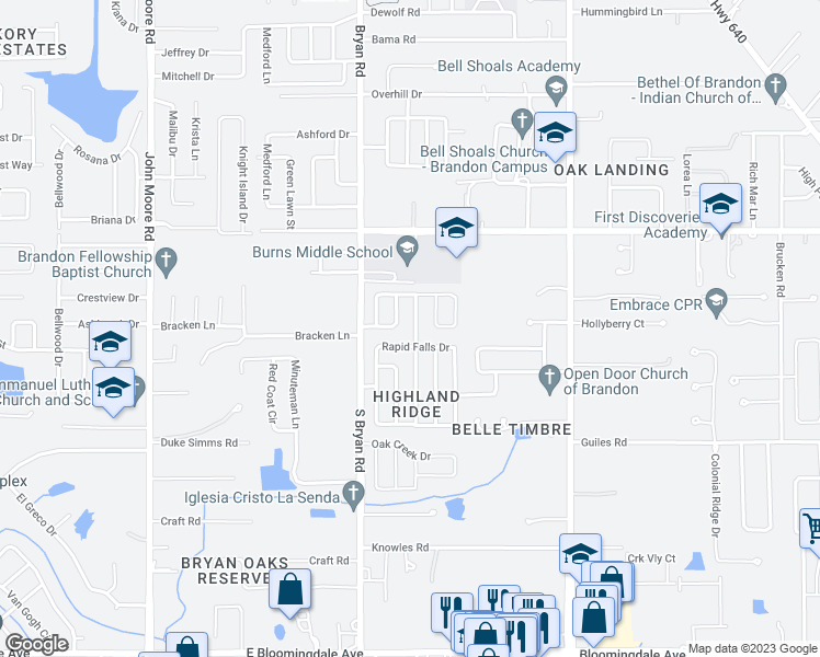 map of restaurants, bars, coffee shops, grocery stores, and more near 2712 Manor Hill Drive in Brandon