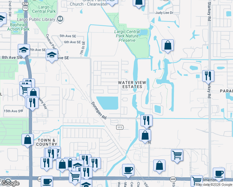 map of restaurants, bars, coffee shops, grocery stores, and more near 1210 14th Circle Southeast in Largo