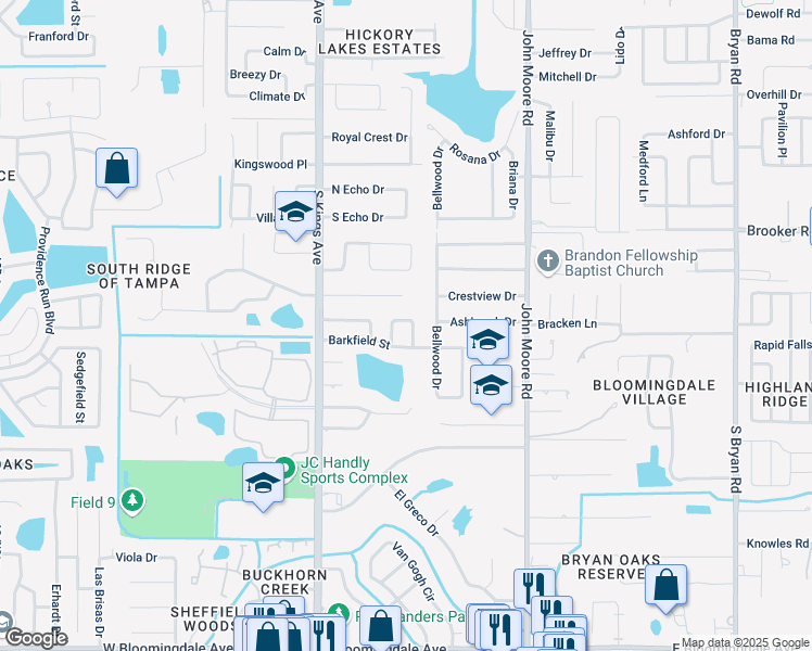 map of restaurants, bars, coffee shops, grocery stores, and more near 604 Barkfield Loop in Brandon