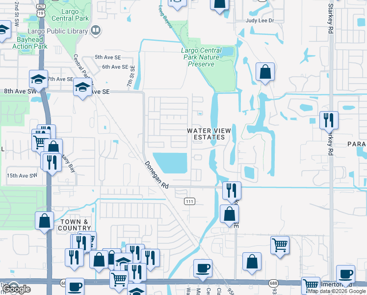 map of restaurants, bars, coffee shops, grocery stores, and more near 1210 14th Circle Southeast in Largo