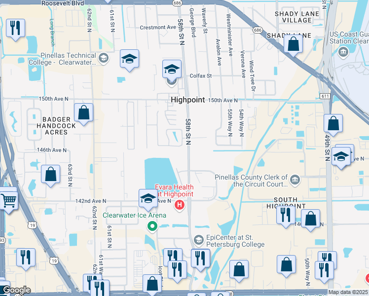 map of restaurants, bars, coffee shops, grocery stores, and more near in Largo