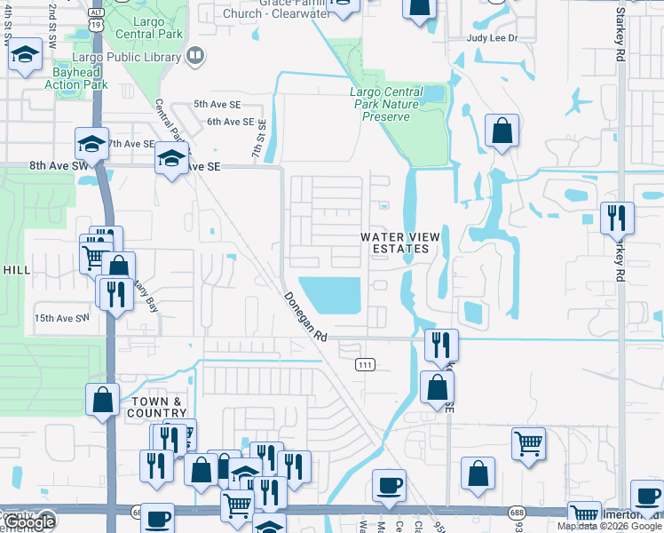 map of restaurants, bars, coffee shops, grocery stores, and more near 1210 14th Circle Southeast in Largo