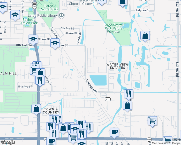 map of restaurants, bars, coffee shops, grocery stores, and more near 1387 Donegan Road in Largo