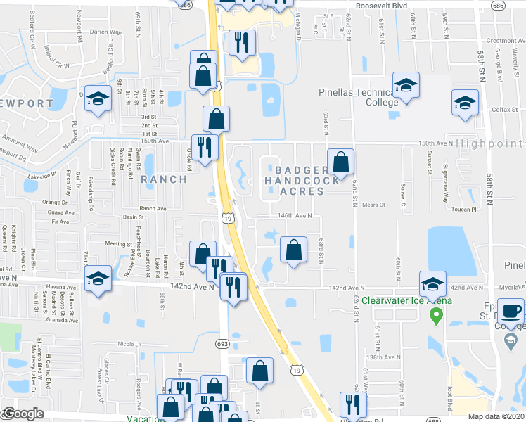 map of restaurants, bars, coffee shops, grocery stores, and more near 6463 146th Avenue North in Clearwater