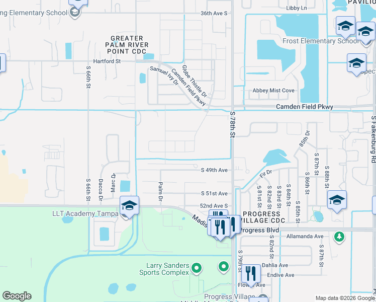 map of restaurants, bars, coffee shops, grocery stores, and more near 4821 S 78th St in Tampa
