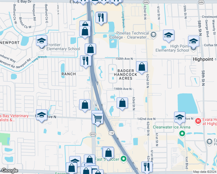 map of restaurants, bars, coffee shops, grocery stores, and more near 6463 146th Avenue North in Clearwater