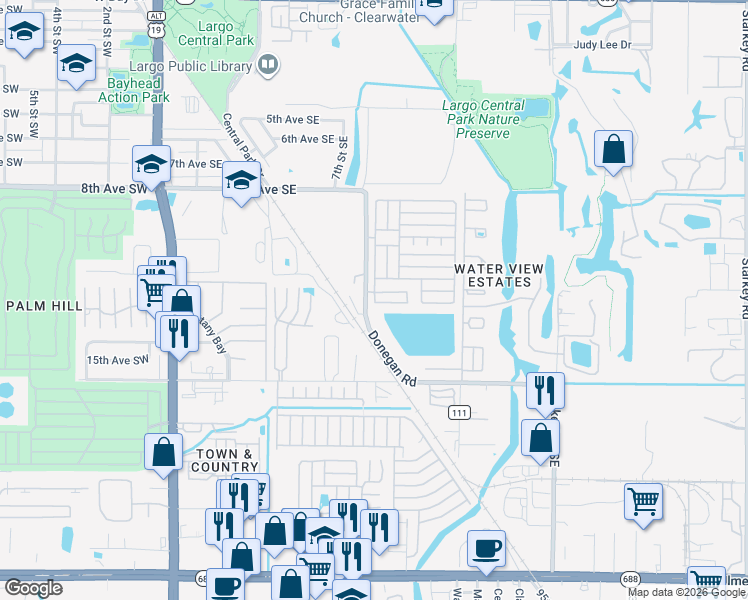 map of restaurants, bars, coffee shops, grocery stores, and more near 1343 Donegan Road in Largo