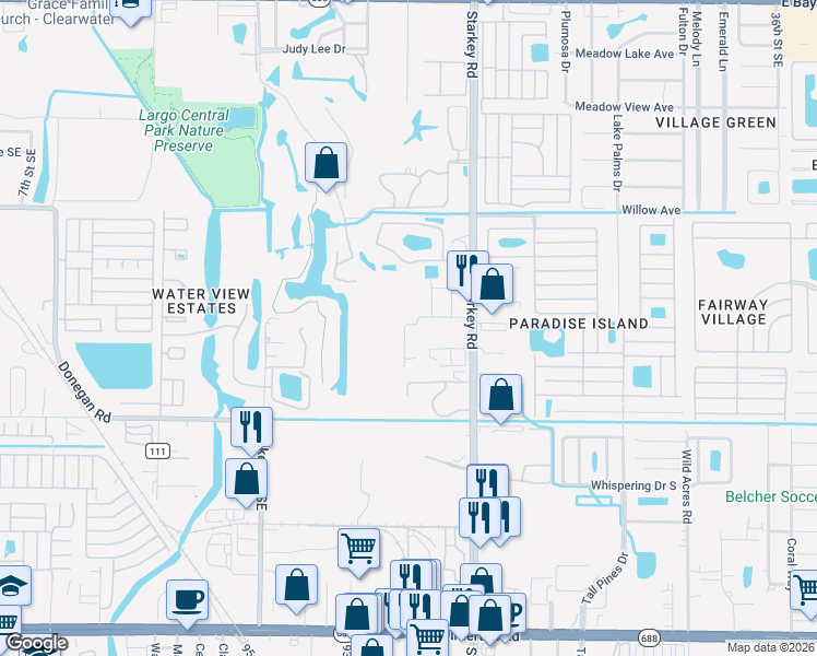 map of restaurants, bars, coffee shops, grocery stores, and more near 1050 Starkey Road in Largo