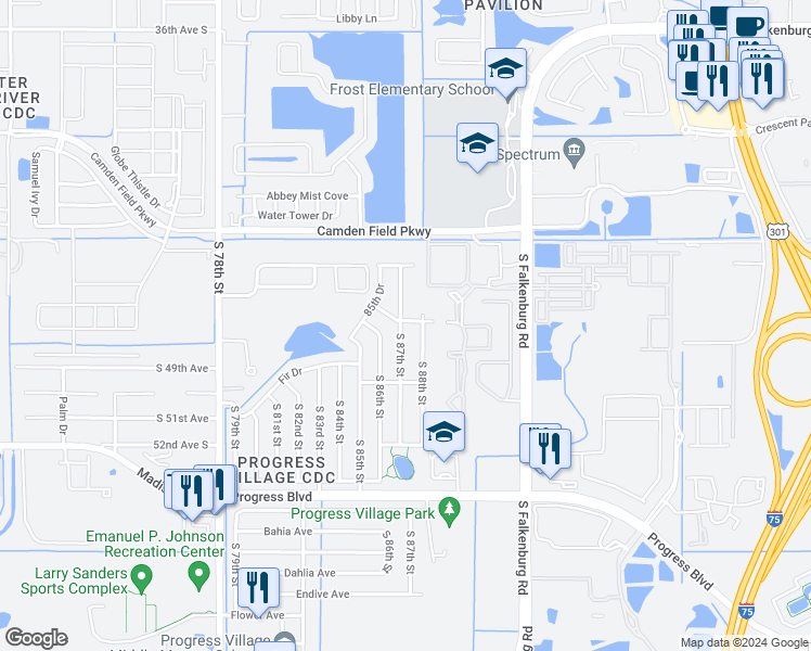map of restaurants, bars, coffee shops, grocery stores, and more near 4802 South 87th Street in Tampa