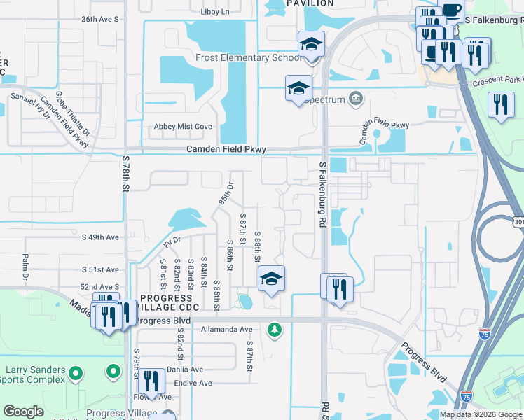 map of restaurants, bars, coffee shops, grocery stores, and more near 4808 South 88th Street in Tampa