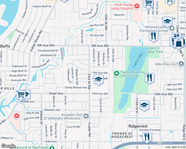 map of restaurants, bars, coffee shops, grocery stores, and more near 2272 14th Avenue Southwest in Largo
