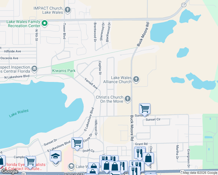 map of restaurants, bars, coffee shops, grocery stores, and more near 1335 Newport Road in Lake Wales
