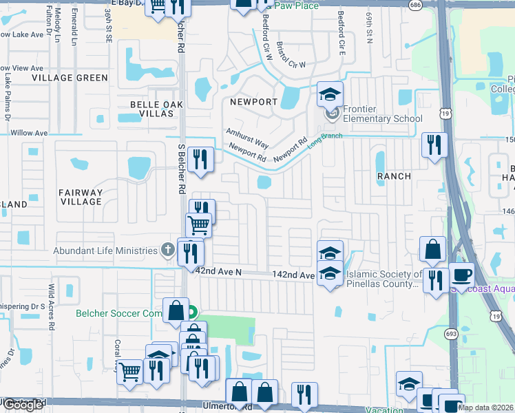 map of restaurants, bars, coffee shops, grocery stores, and more near Crown Circle in Largo