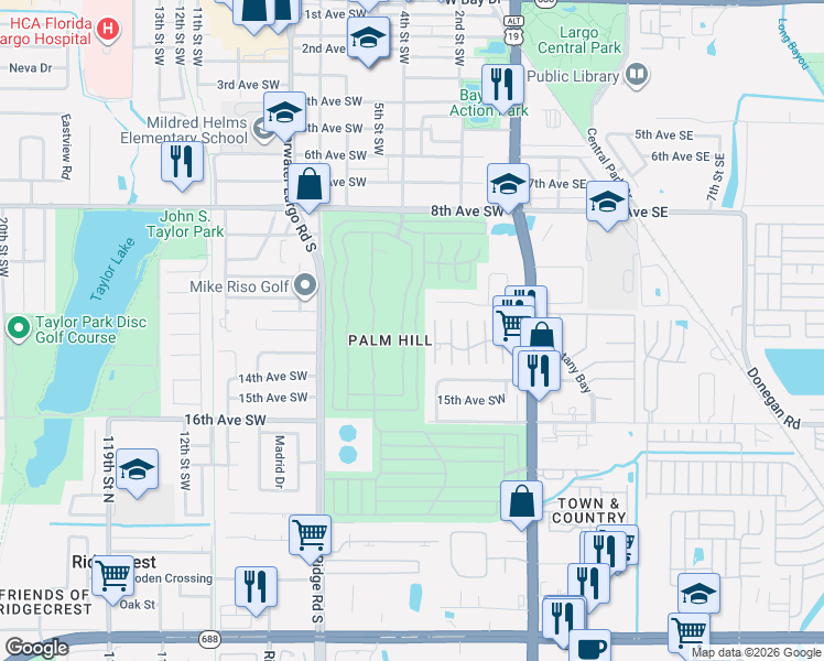 map of restaurants, bars, coffee shops, grocery stores, and more near 65 Pindo Palm Street East in Largo