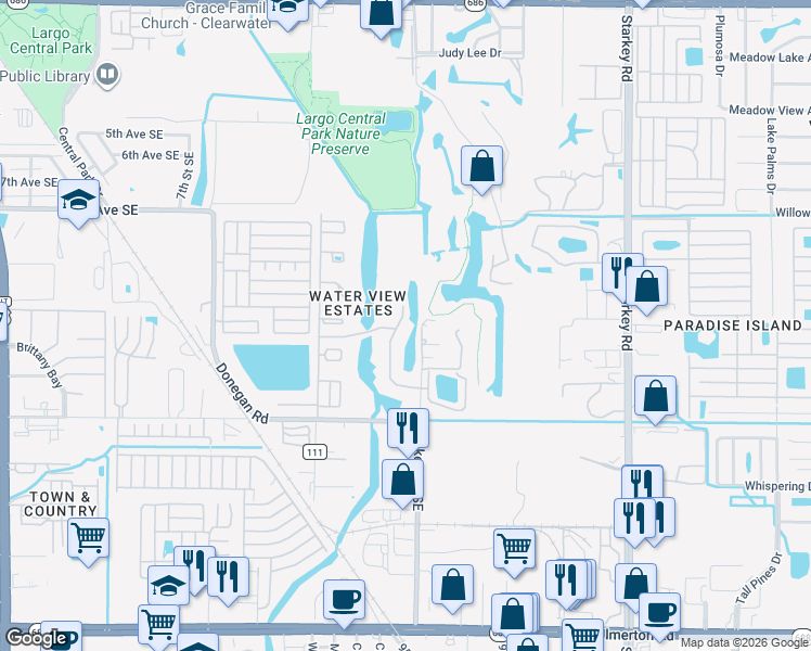 map of restaurants, bars, coffee shops, grocery stores, and more near 1400 Water View Drive West in Largo