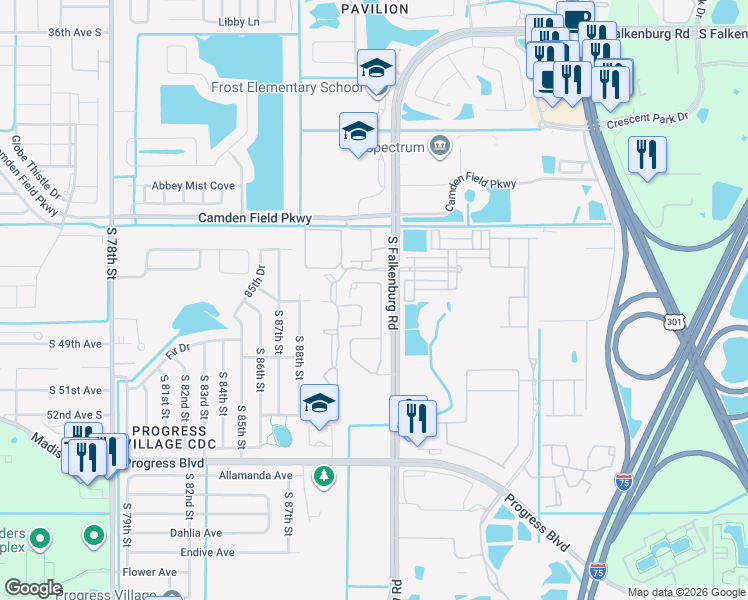 map of restaurants, bars, coffee shops, grocery stores, and more near 4770 White Sanderling Court in Palm River-Clair Mel