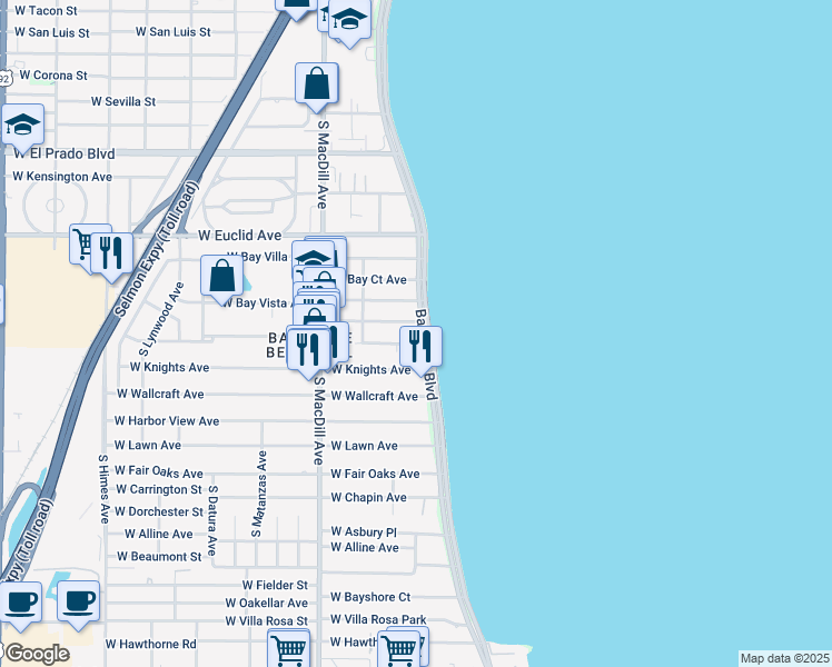 map of restaurants, bars, coffee shops, grocery stores, and more near 4005 Bayshore Boulevard in Tampa