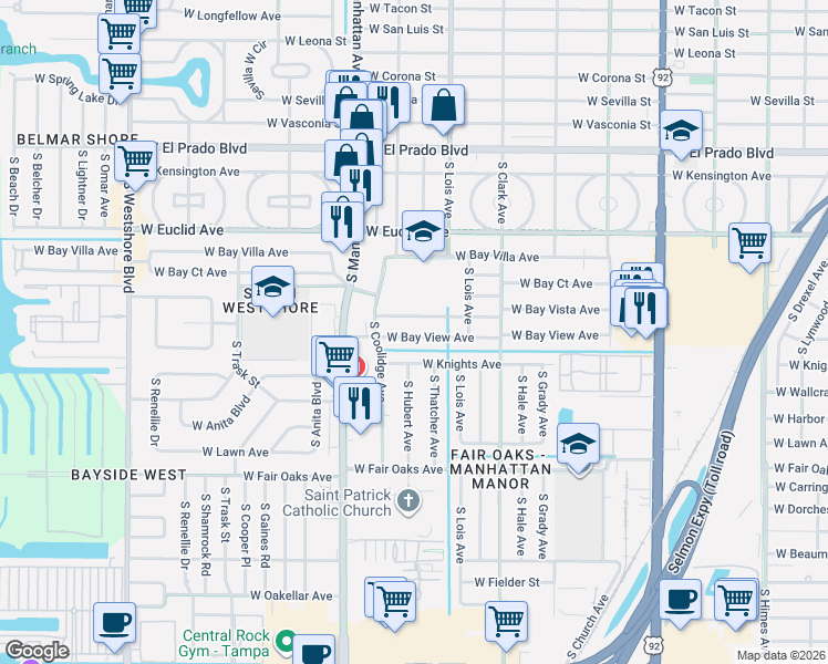 map of restaurants, bars, coffee shops, grocery stores, and more near 4213 West Bay Vista Avenue in Tampa
