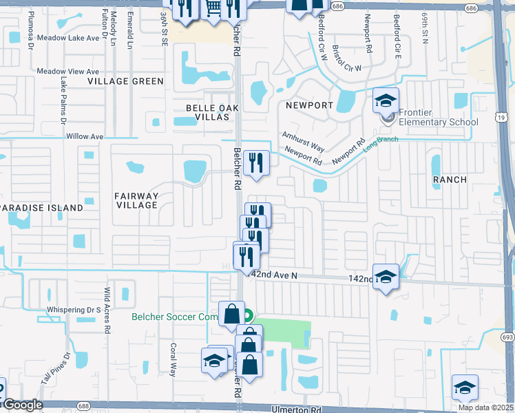 map of restaurants, bars, coffee shops, grocery stores, and more near Crown Cir in Largo