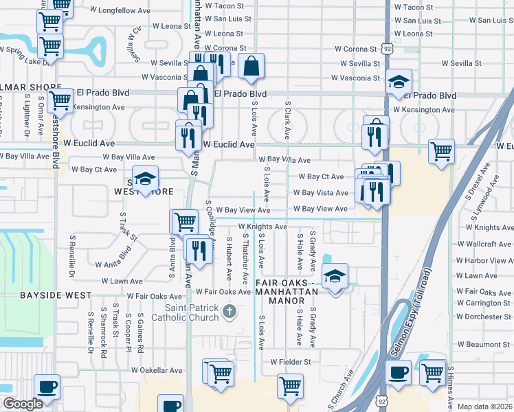 map of restaurants, bars, coffee shops, grocery stores, and more near 4109 West Bay Vista Avenue in Tampa