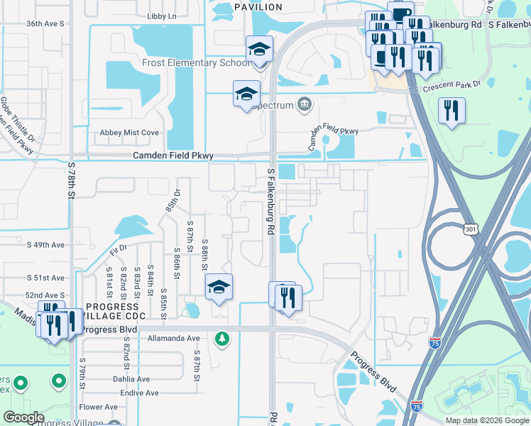 map of restaurants, bars, coffee shops, grocery stores, and more near 4770 White Sanderling Court in Palm River-Clair Mel