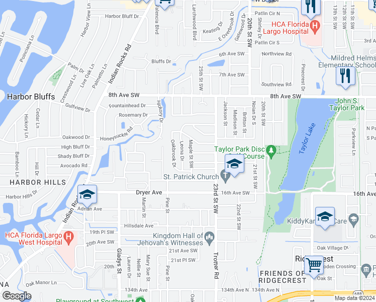 map of restaurants, bars, coffee shops, grocery stores, and more near 1330 Maple Street in Largo
