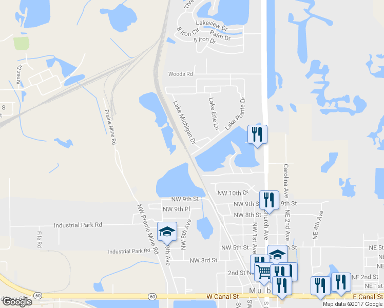 map of restaurants, bars, coffee shops, grocery stores, and more near 173 Lake Pointe Drive in Mulberry