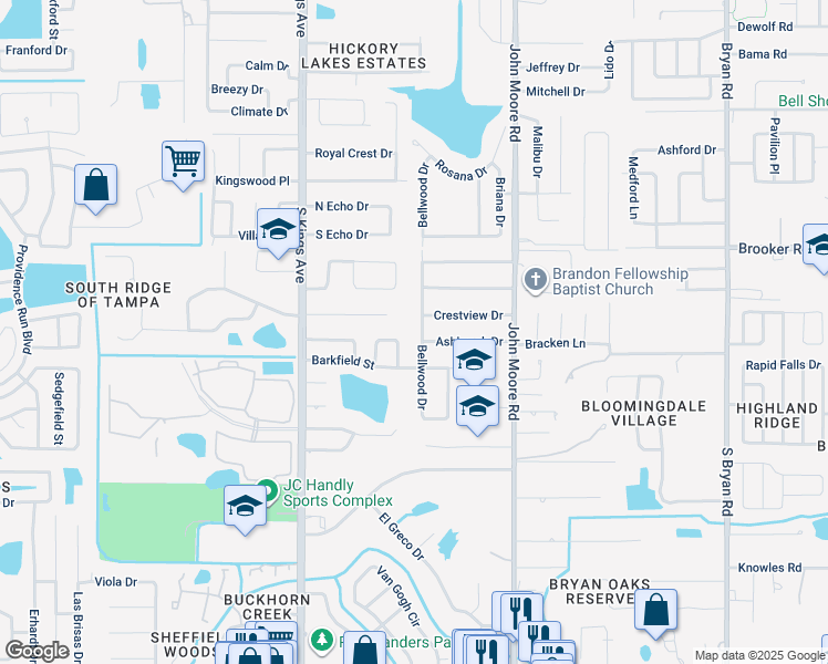 map of restaurants, bars, coffee shops, grocery stores, and more near 600 Rosemarie Avenue in Brandon